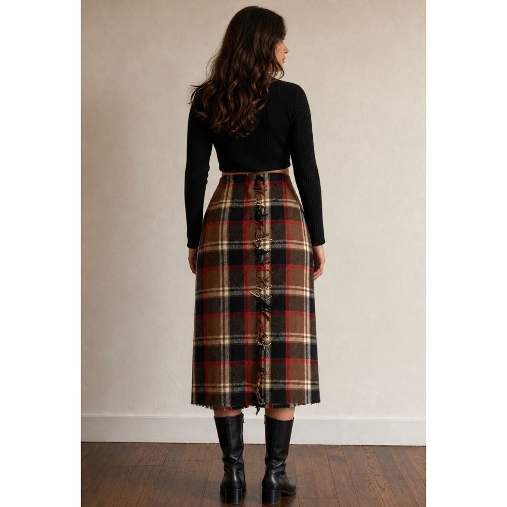 Eddie Bauer Womens Plaid Wool Blend Kilt Midi Skirt Brown Red Fringed Size 4